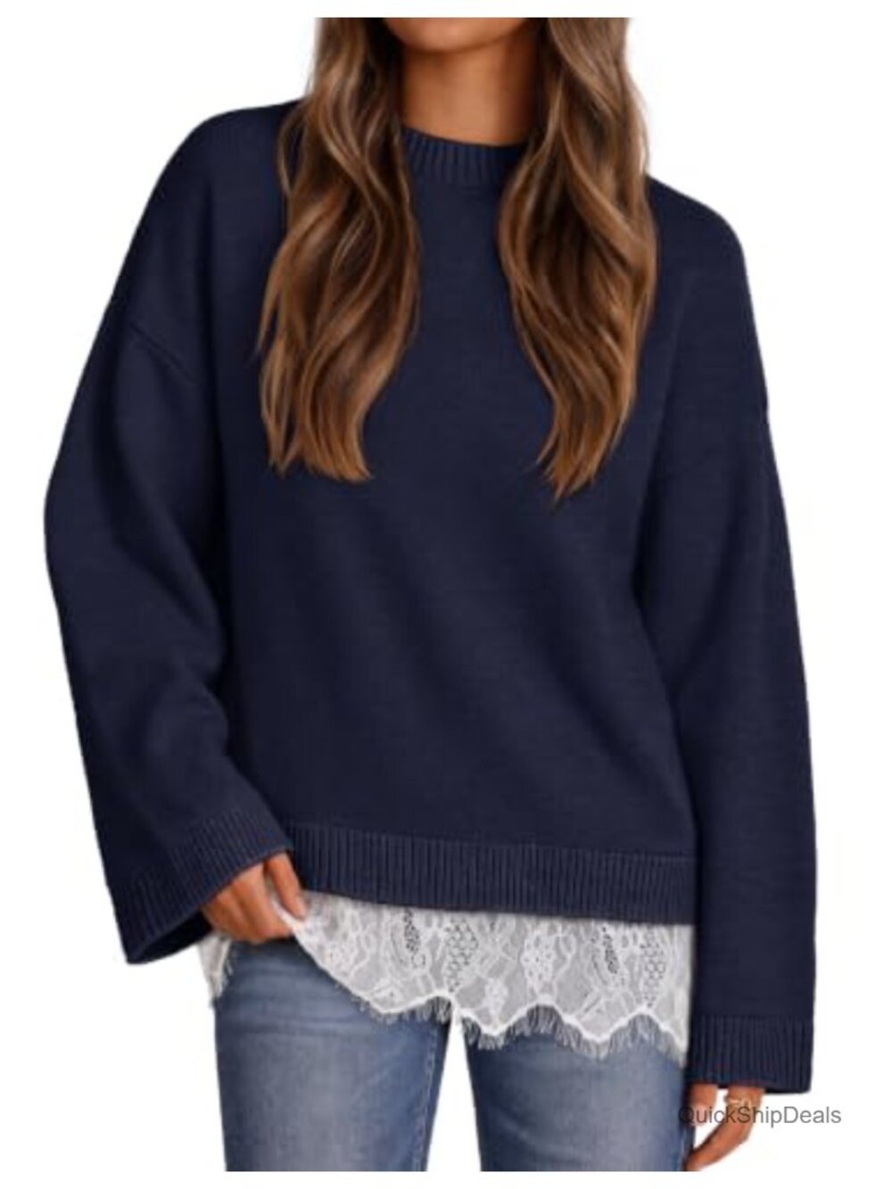 Womens Oversized Lace Sweater Soft Knit Crew Neck Pullover Fall Winter